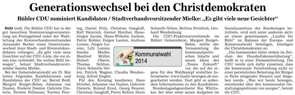 Badische Neueste Nachrichten, 10.02.2014: "Generationenwechsel bei den Christdemokraten"