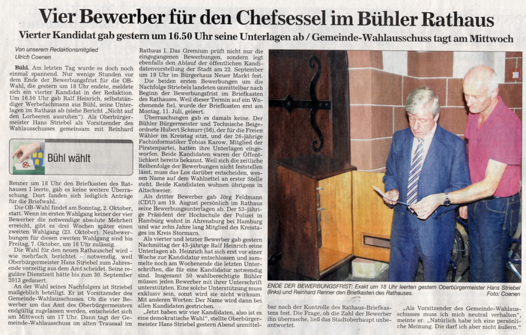 ABB, 6.09.2011: "Vier Bewerber für den Chefsessel im Bühler Rathaus"